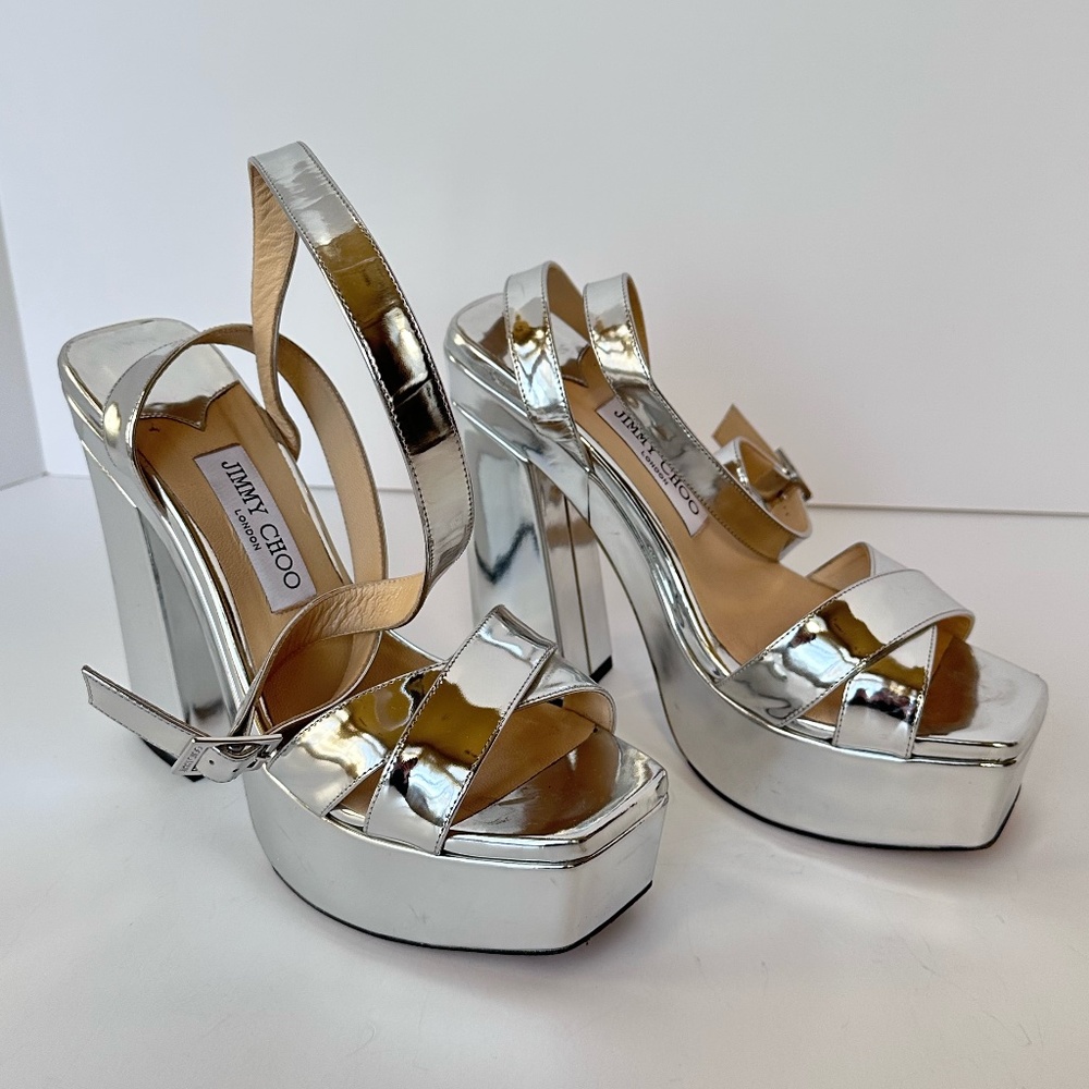 Jimmy Choo Gaia 140 Mirrored Leather Platform Sandals